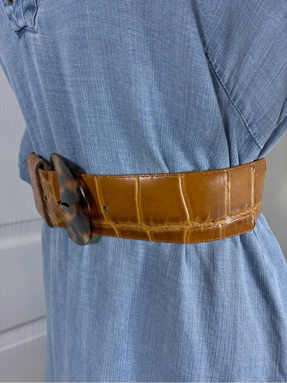 Womens belt 35” long Brown Croc-Textured faux leather Tortoiseshell Buckle